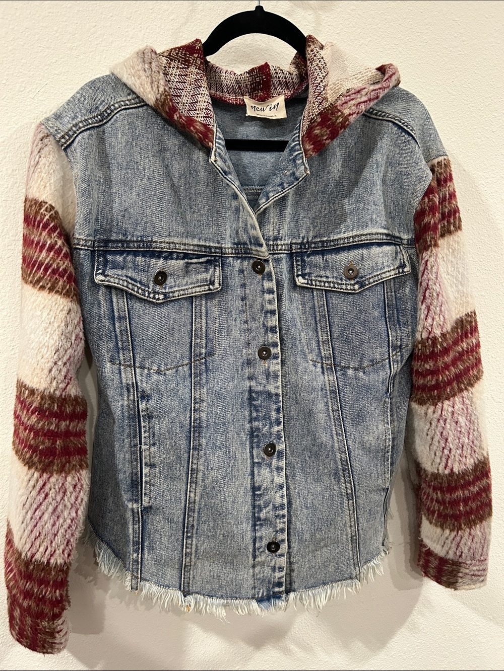 Mix-Media Denim Jacket with Pink & Cream Knit Hooded Sleeves